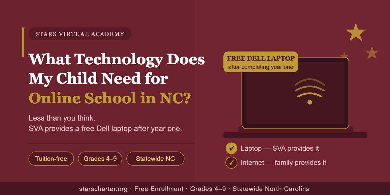 Student using a laptop for online school in North Carolina through STARS Virtual Academy — SVA provides a free Dell laptop after year one