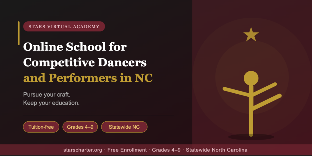 Young dancer or performer completing online schoolwork through STARS Virtual Academy in North Carolina