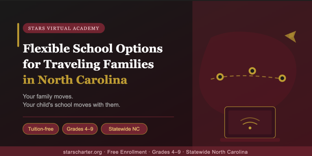 Child completing online schoolwork while traveling in North Carolina through STARS Virtual Academy