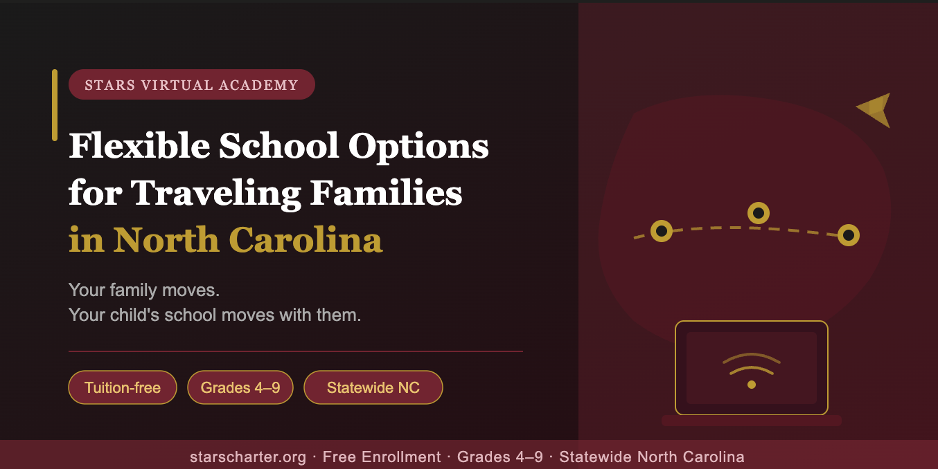 Child completing online schoolwork while traveling in North Carolina through STARS Virtual Academy