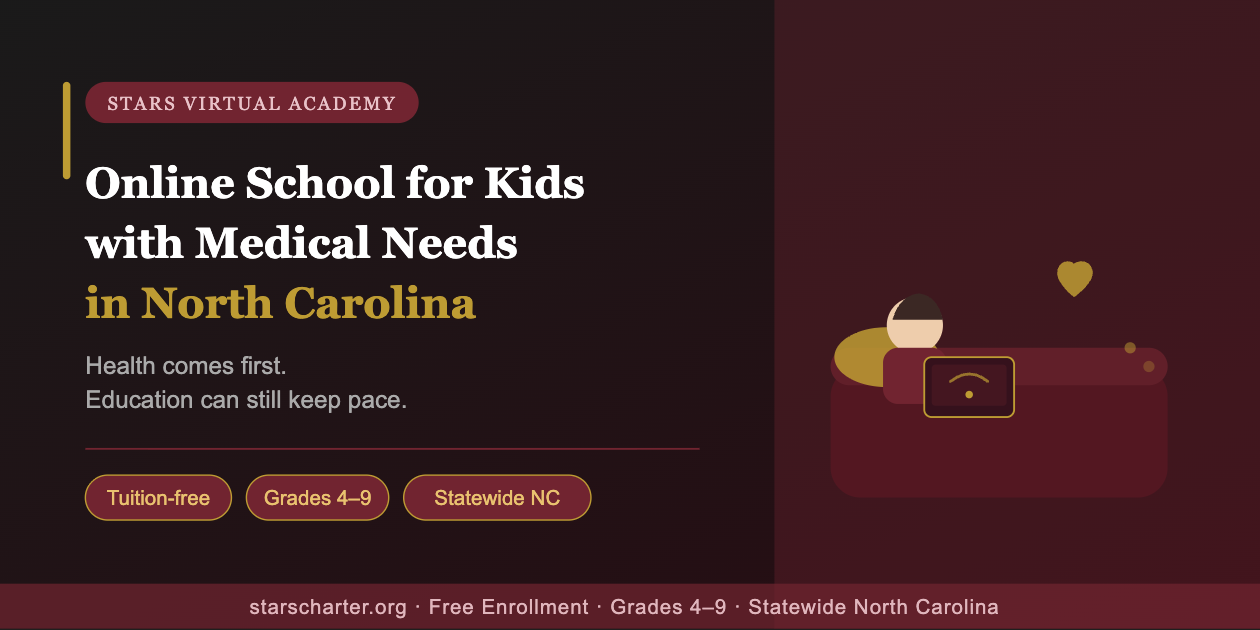 Student with a chronic illness completing online schoolwork at home through STARS Virtual Academy in North Carolina