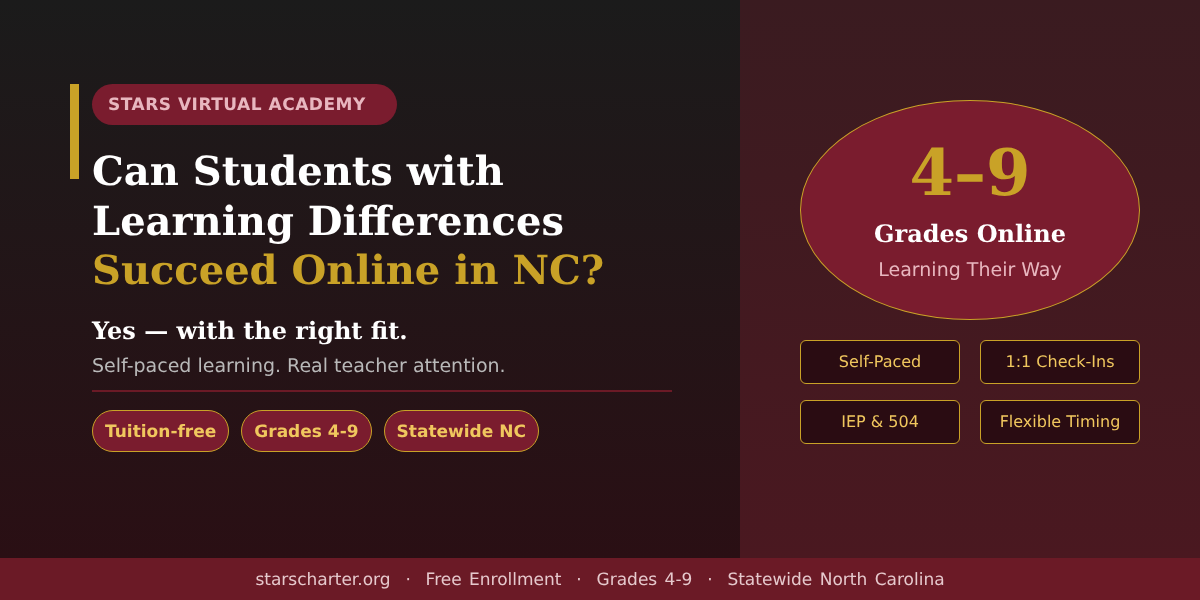 Student with learning differences working at their own pace in online school in North Carolina