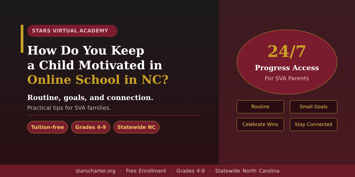 Motivated student completing online school work at home in North Carolina