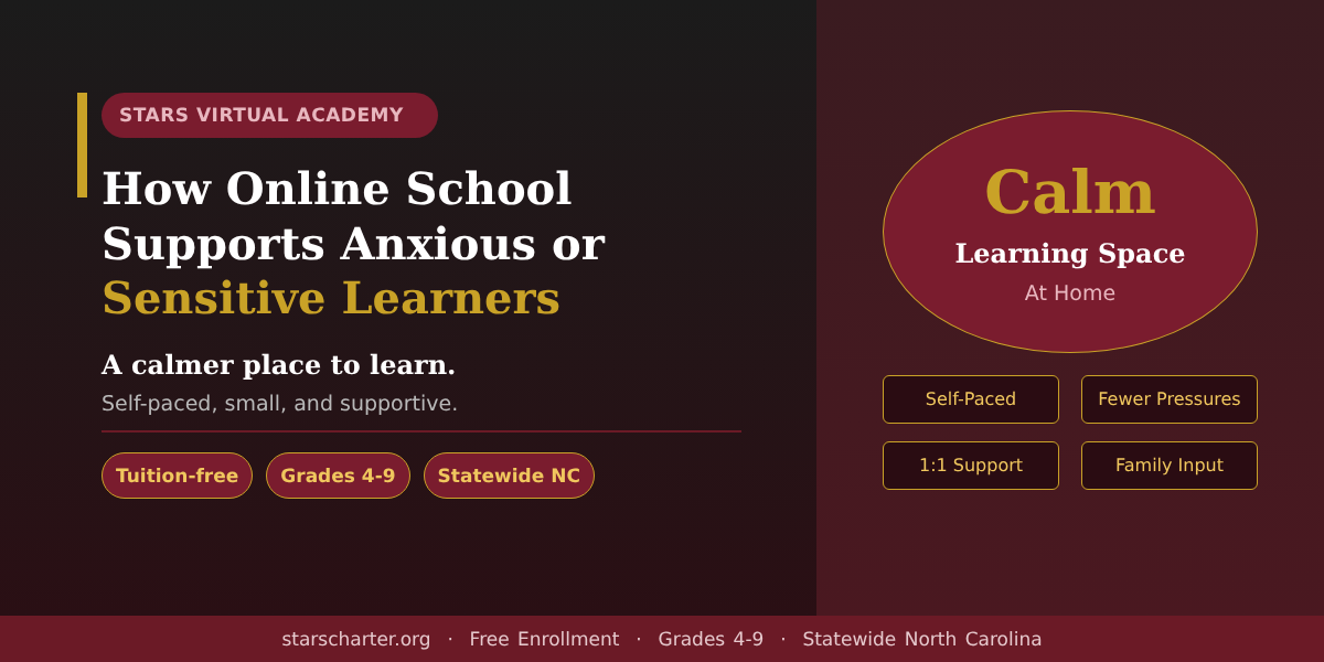 Calm student learning comfortably at home through online school in North Carolina